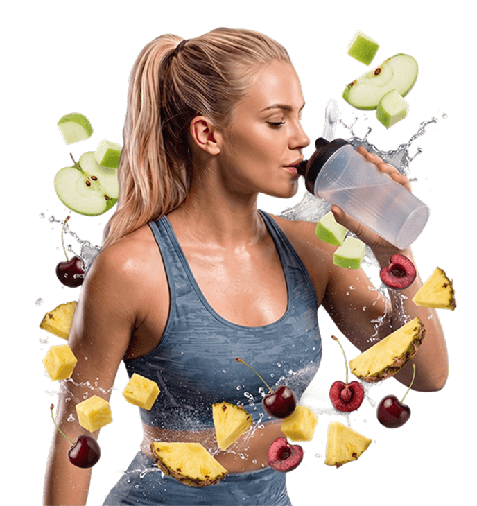 A woman in sportswear drinks water from a bottle