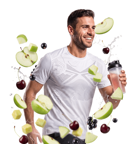 A man in sportswear runs while holding a shaker.